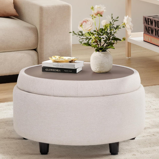Fabric round Storage Ottoman with Reversible Tray Lid – Multi-Functional Footrest, Hidden Storage, Sturdy & Stylish Small Coffee Table for Living Room, Bedroom, or Entryway(Beige)