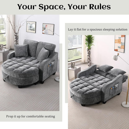 Oversized Curved Chaise Lounge Chair Indoor with Ottoman, 54.8" Cloud Boneless Reading Chair Soft Chenille Circle Couch for Living Room, Apartroom, Bedroom, Grey