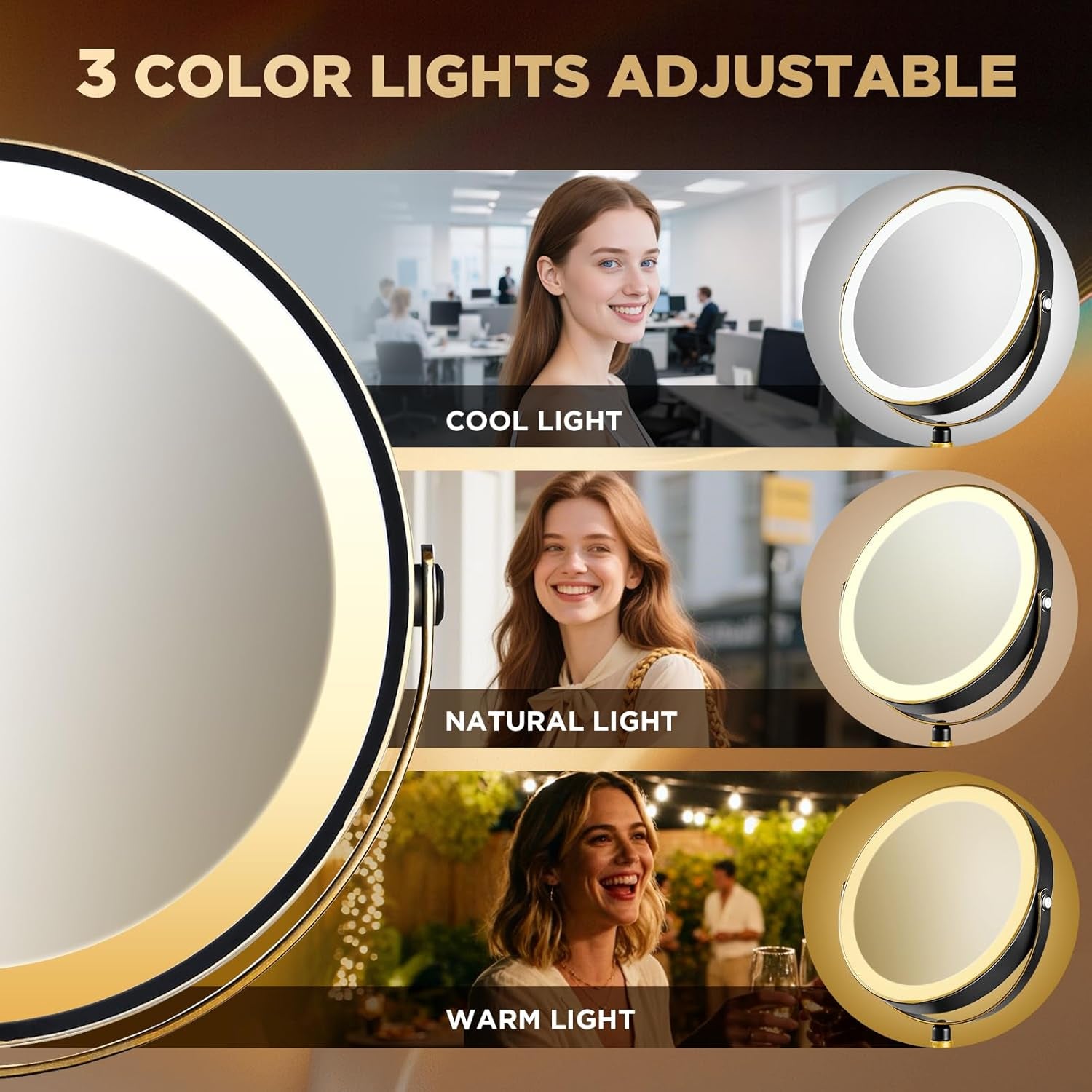 Lighted Makeup Mirror, 20X Magnifying Rechargeable Double Side Vanity Mirror, 3 Color Lights with Brightness Adjustable, Matte Black with Gold Trim, Modern Style Side Touch + Side Charge, Women Gift