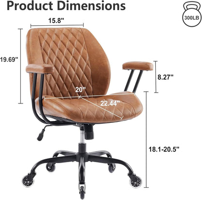 Home Office Desk Chair Office Rubber Casters Ergonomic Computer Chair with Lumbar Support Adjustable Height Rolling Swivel Executive Task Armrests Chair， Brown Leather