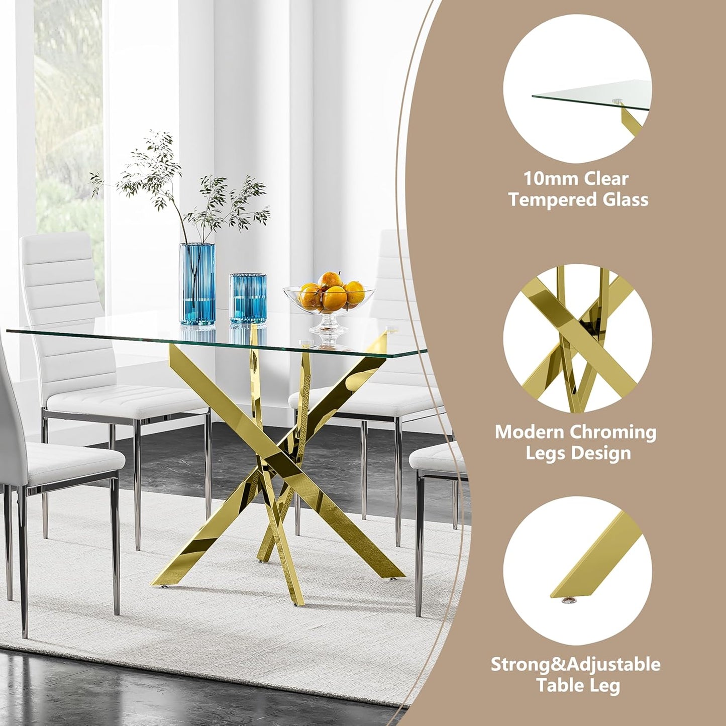Tempered Glass Dining Table with Chromed Legs, 47" Modern Rectangular Kitchen Table for Dining Room Kitchen,Gold