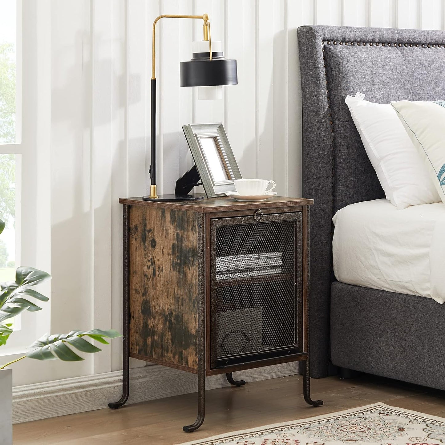 Side/End Table with Pull-Out Tray and 2 Tier Storage Shelf for Small Spaces/Chairside/Bedside Bedroom, Nightstand Steel Frame, Rustic Brown