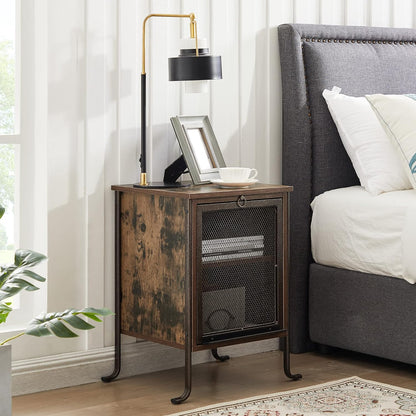 Side/End Table with Pull-Out Tray and 2 Tier Storage Shelf for Small Spaces/Chairside/Bedside Bedroom, Nightstand Steel Frame, Rustic Brown