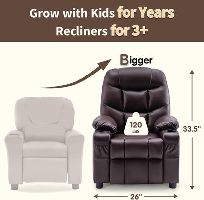 Big Kids Recliner for Ages 3+, Child Reclining Chair, Toddlers Recliner Sofa with Cup Holders (Faux Leather, Dark Brown)