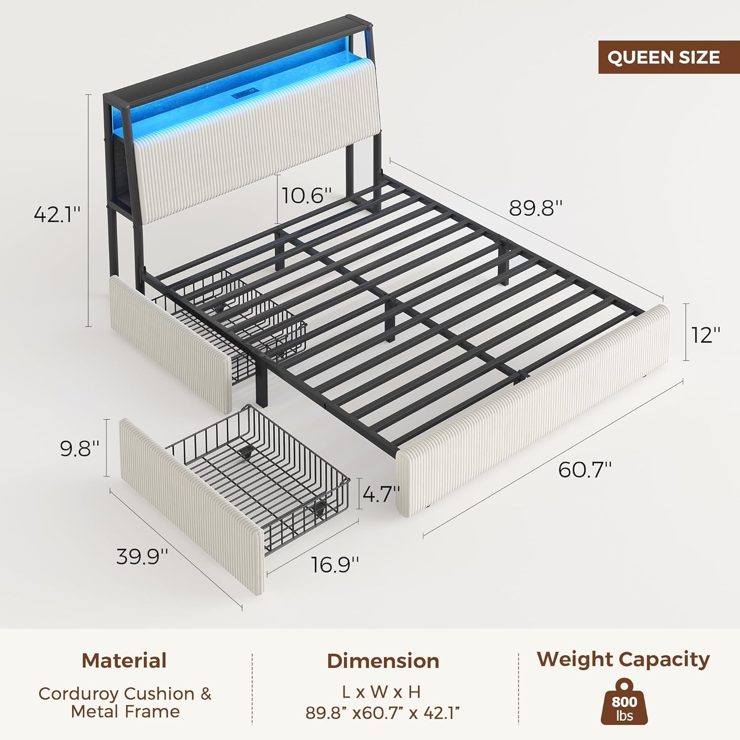 Upholstered Queen LED Bed Frame with 2 Storage Drawers and Charging Station, Corduroy Platform Bed with 3-Tier Storage Bookcase Headboard, Heavy Duty Metal Support, No Box Spring Needed - Beige