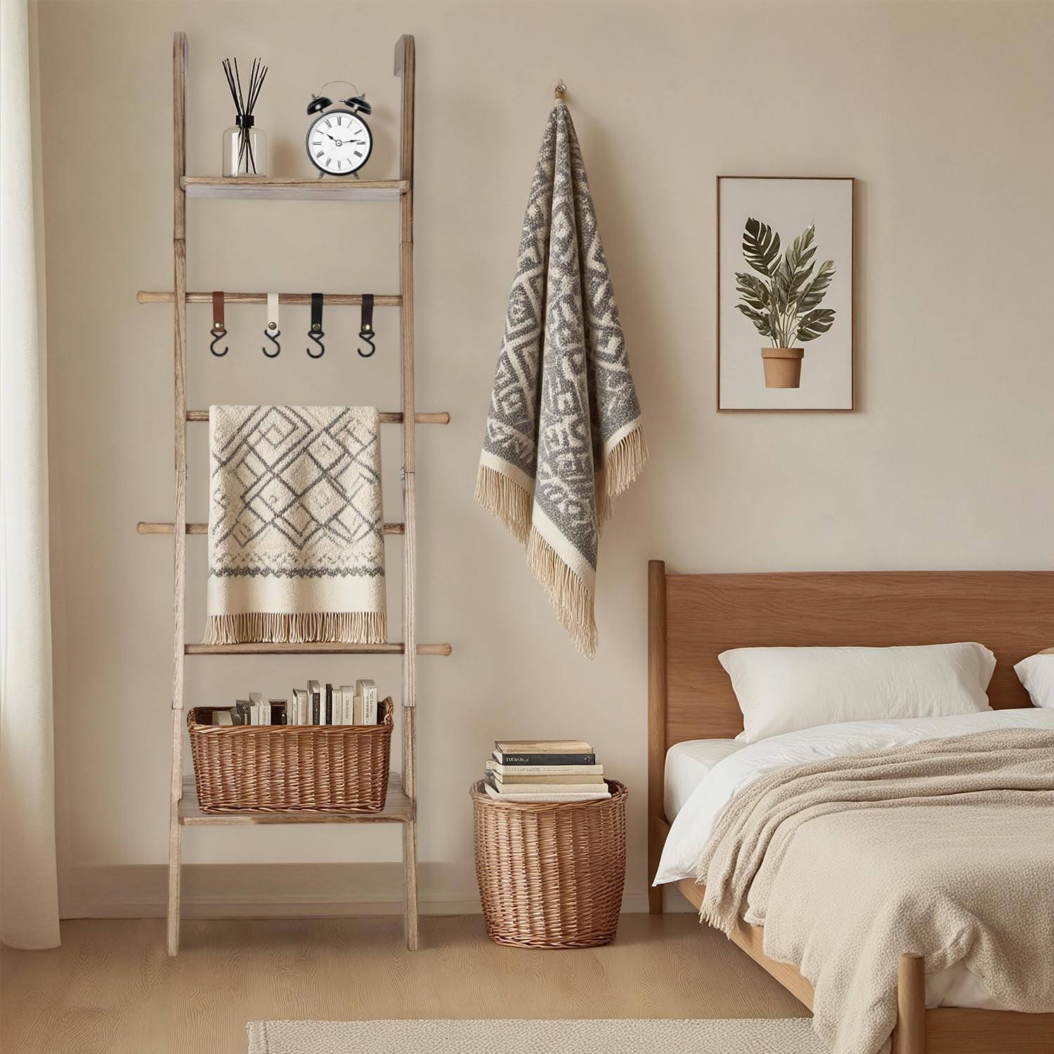 Wooden Ladder with Shelf for Room Decor, 6-Tier Decor Ladder with Non-Slip Mat & Hooks, Farmhouse Style Leaning Wall Display Holder