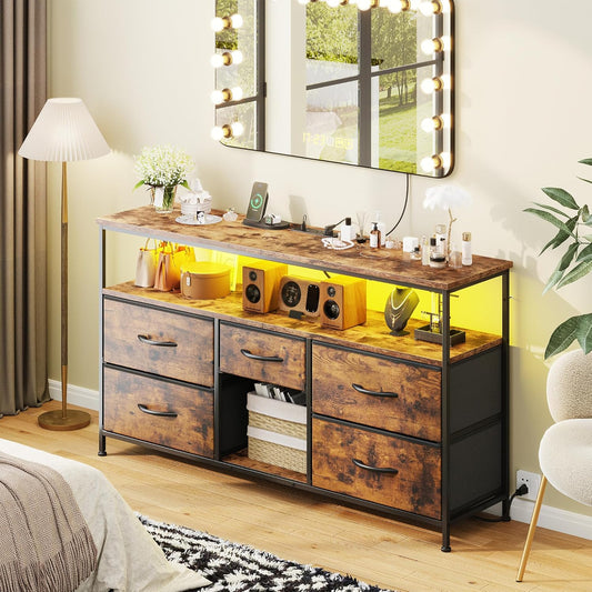 TV Stand for 50" Inch TV, Entertainment Center with LED Lights & Power Outlets, 5 Drawers Dresser for Bedroom Dresser with Shelves for Living Room, Hallway, Rustic Brown