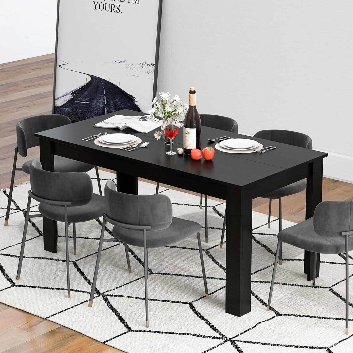 Dining Table for 6, Rectangular Kitchen Table with 330Lbs Capacity, Stable Structure, 63" L X 31.5" W X 30" H Large Farmhouse Center Tables for Dinner, Dinette, Dining Room, Black
