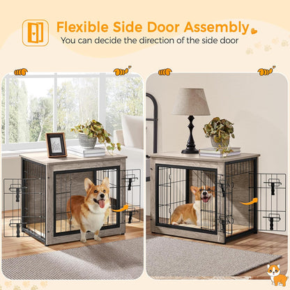 38'' Dog Crate Furniture with Cushion Wooden Dog Crate with Double Doors/Adjustable Feet Side End Table for Medium/Large Dogs, 37.80" L X 25.59" W X 26.57" H