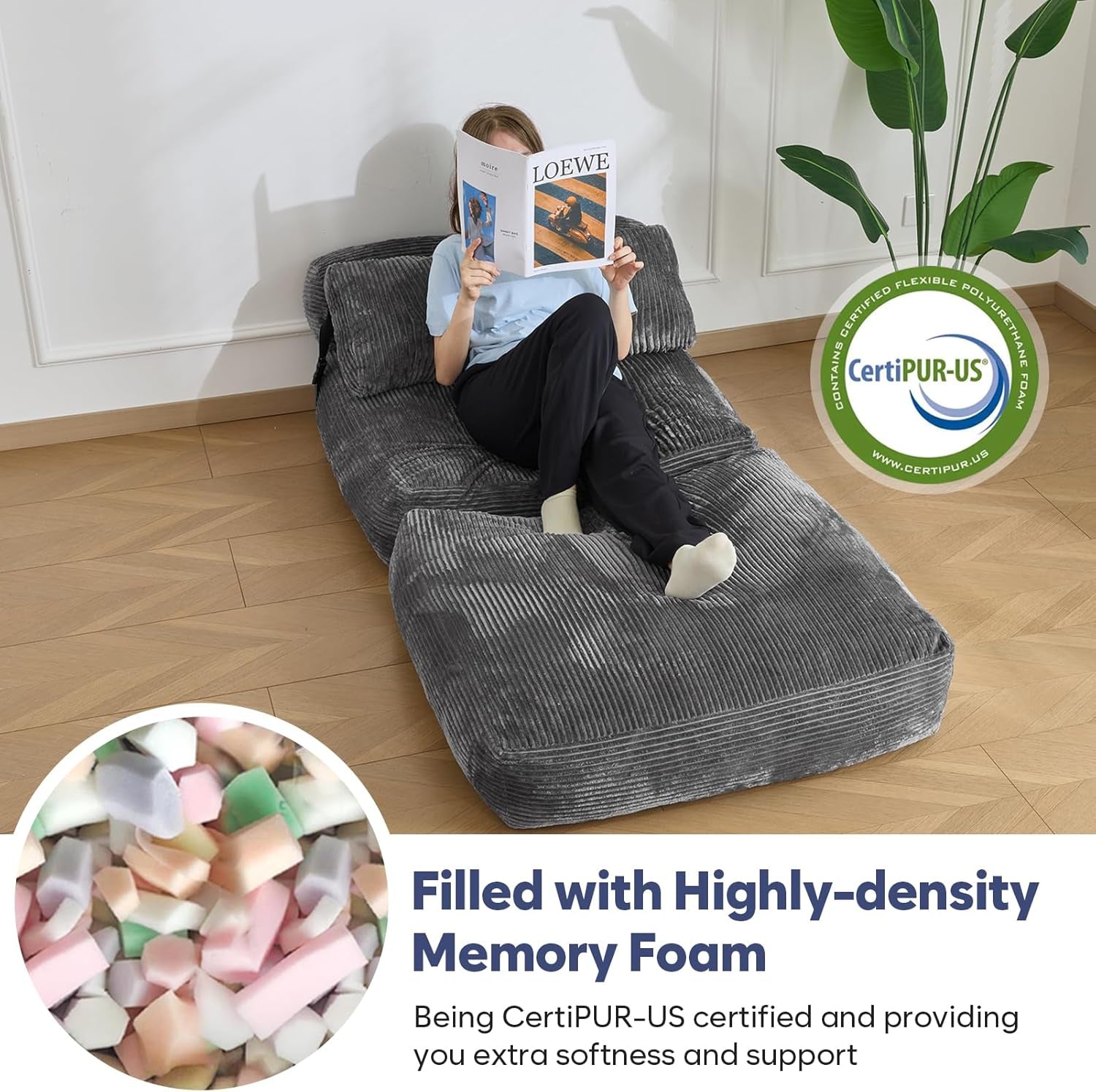 Folding Sofa Bed,Convertible Sleeper Chair Bed with Pillow,Foldable Futon Couch Mattress with Back Support,Portable Lazy Floor Sofa Lounger, Dark Grey, Single