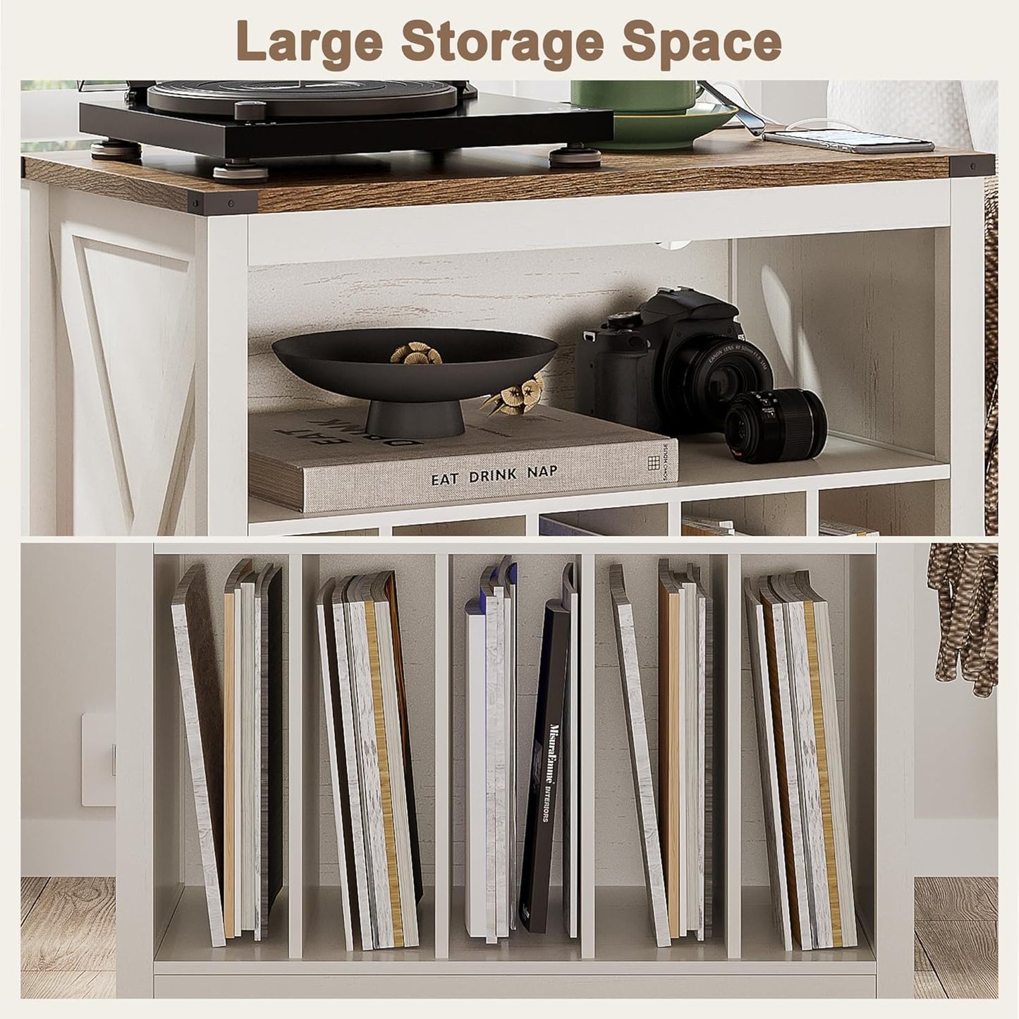 Large Record Player Stand with Charging Station & LED Light, Vinyl Record Holder Hold up to 300 Albums, Farmhouse End Table for Bedroom, Living Room, Antique White