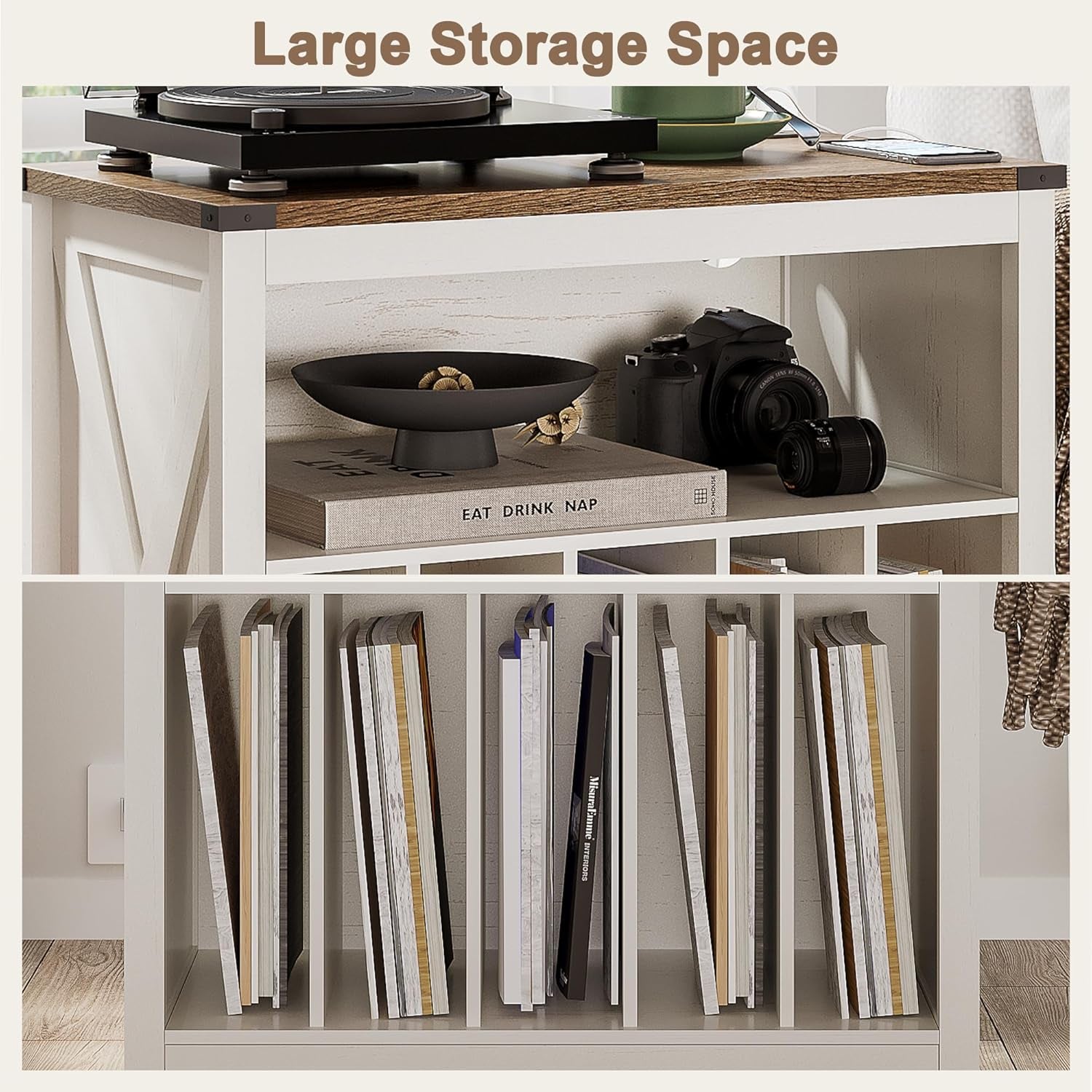 Large Record Player Stand with Charging Station & LED Light, Vinyl Record Holder Hold up to 300 Albums, Farmhouse End Table for Bedroom, Living Room, Antique White