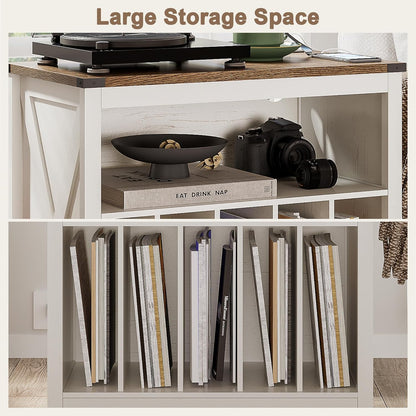 Large Record Player Stand with Charging Station & LED Light, Vinyl Record Holder Hold up to 300 Albums, Farmhouse End Table for Bedroom, Living Room, Antique White