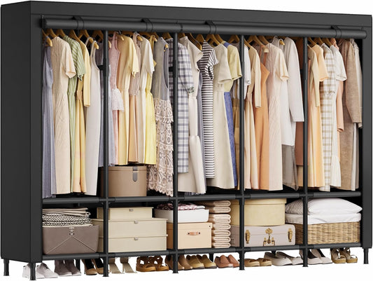 Wardrobe Closet, 83.5 Inch Large Capacity Portable Closet, Clothing Rack, 25 Mm Dia,Thick Steel Tubes, Clothes Organizer with Fabric Cover, 5 Hanging Rails, 10 Shelves, Ink Black URDR095B01