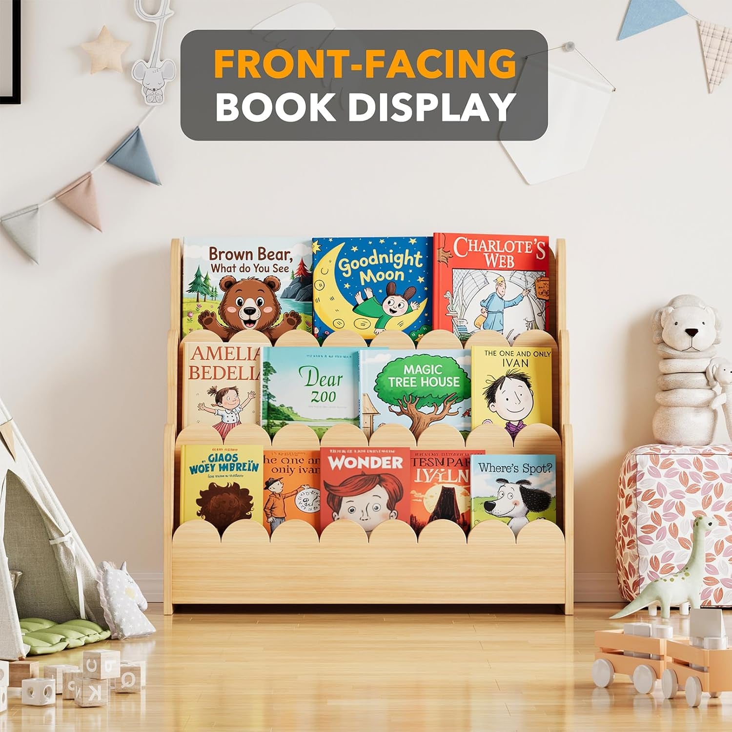 3-Tier Scalloped Bookshelf, Montessori Bookcase for Toddlers, Wooden Book Shelf Organizer Display Furniture for Kids Rooms, Playroom, Nursery and Classroom, Natural