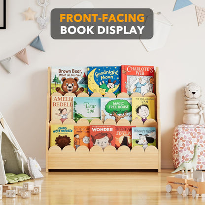 3-Tier Scalloped Bookshelf, Montessori Bookcase for Toddlers, Wooden Book Shelf Organizer Display Furniture for Kids Rooms, Playroom, Nursery and Classroom, Natural