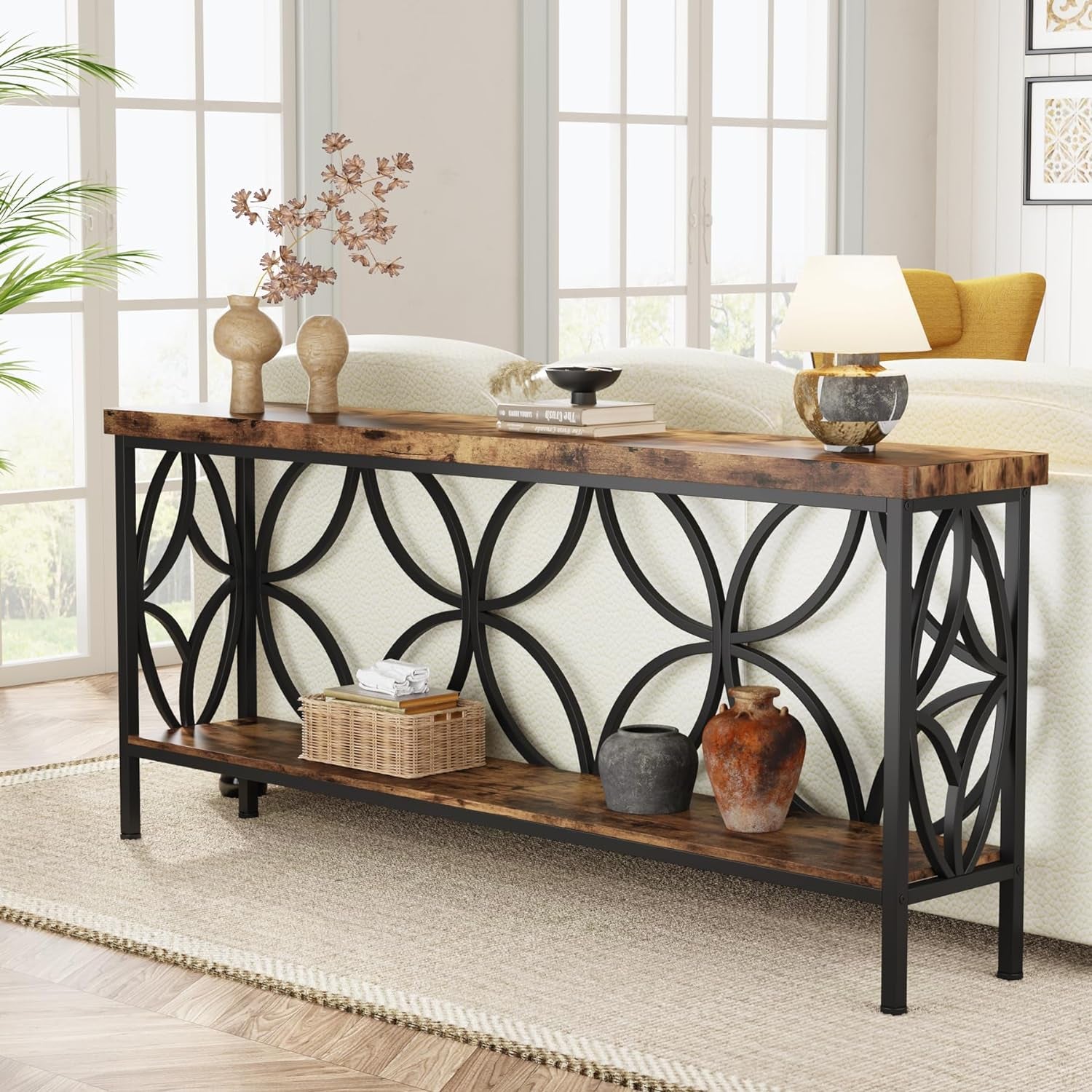 70.9-Inch Narrow Sofa Table, Industrial Long Sofa Table behind Couch, Entry Console Table with Storage for Entryway, Living Room, Foyer, Unique Design, Rustic Brown