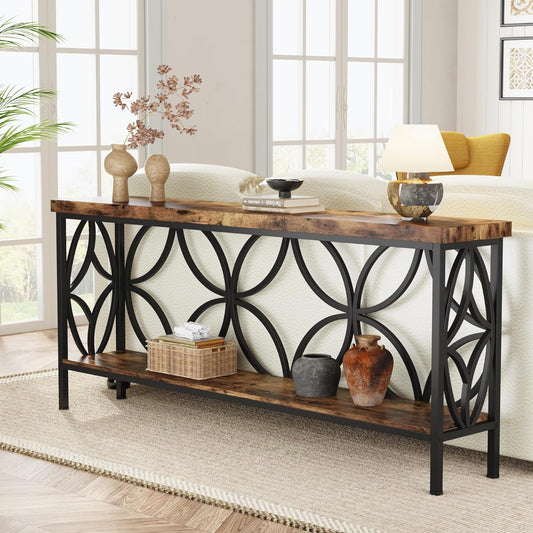 70.9-Inch Narrow Sofa Table, Industrial Long Sofa Table behind Couch, Entry Console Table with Storage for Entryway, Living Room, Foyer, Unique Design, Rustic Brown