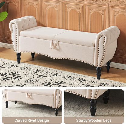 Storage Ottoman Bench for Bedroom, Upholstered End of Bed Bench with Solid Wood Legs Modern Shoe Storage Bench Indoor Bench for Living Room Entryway Bench Furniture,Beige, Linen