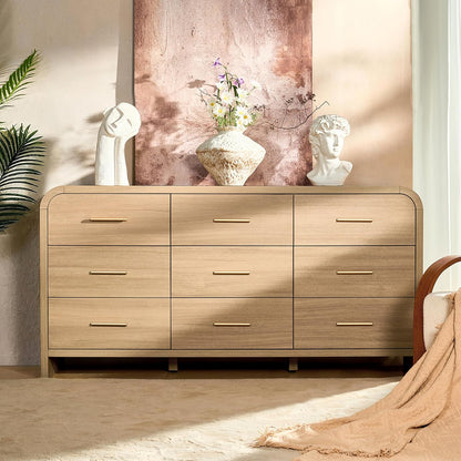 Curved 9-Drawer Dresser for Bedroom, 63" Wide Modern Chest of Drawers, Vanity Desk TV Stand for Living Room, Closet Storage Drawers Organizer Furniture, Nursery, Hallway, Oak