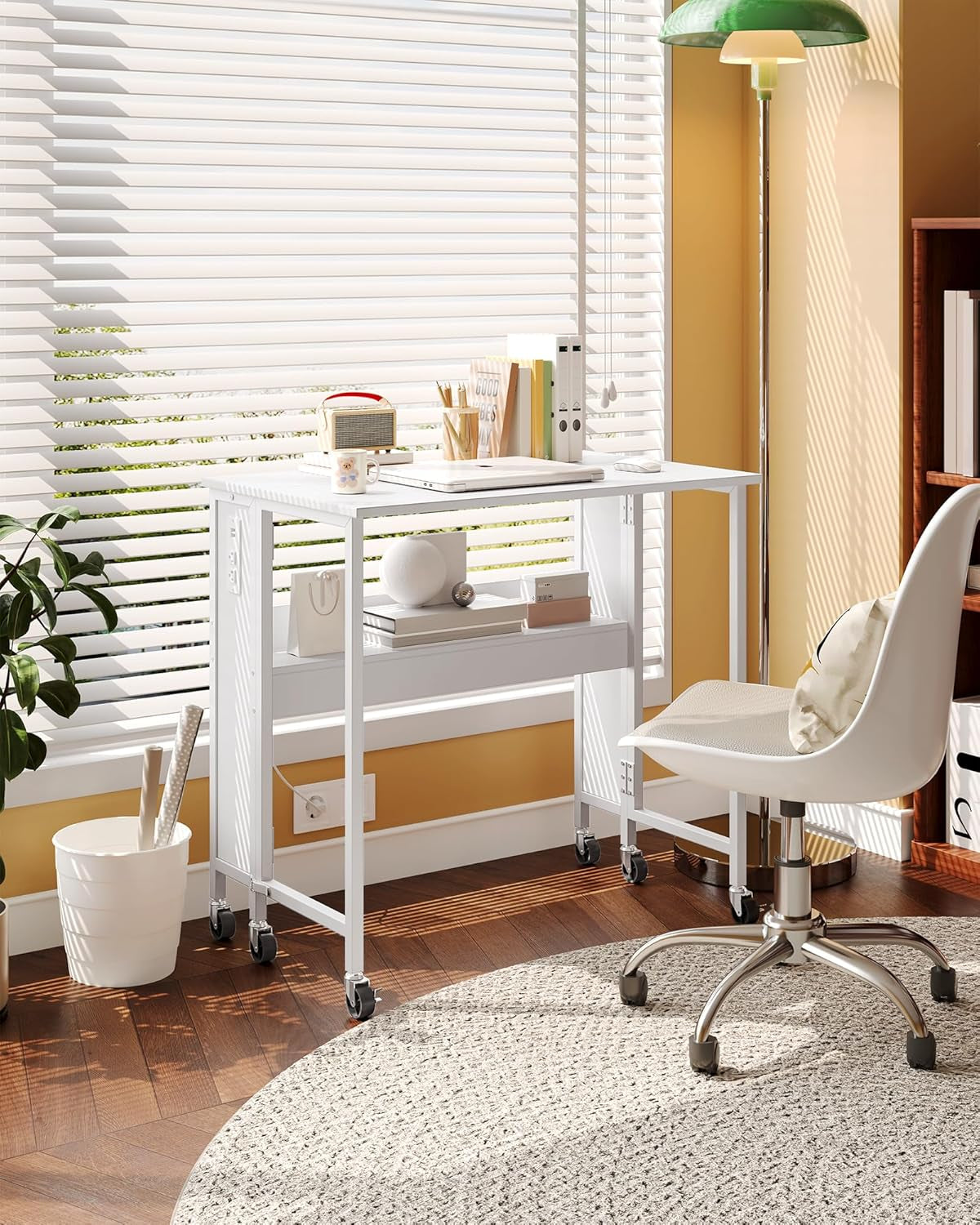 31.5" Modern White Folding Computer Desk with Power Outlets, Wheels, Storage, Perfect for Small Spaces White TDN01UWB