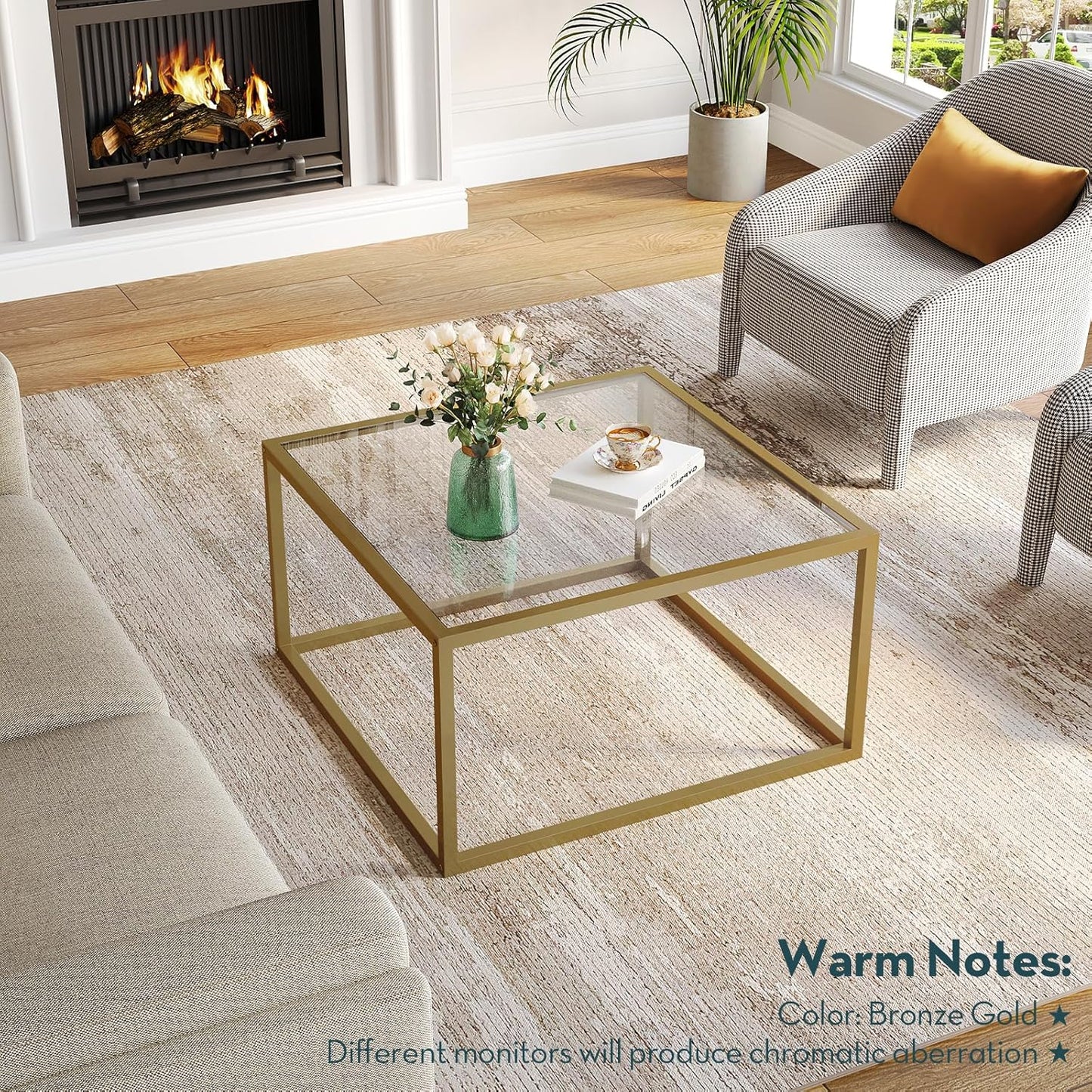 Glass Coffee Table Modern Coffee Tables for Living Room Square Minimalist Center Tables for Home Office 26.7 X 26.7 X 17.7, Gold