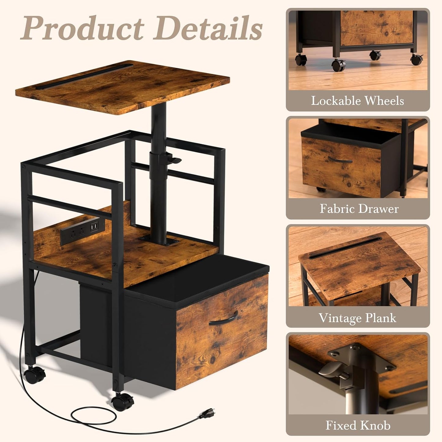 Swivel Lift Top Nightstand with Charging Station, 2-Tier 360° Adjustable Bedside Table, Rolling Night Stand with Wheels, Small End Table with Fabric Drawer, for Bedroom, Living Room, Rustic Brown
