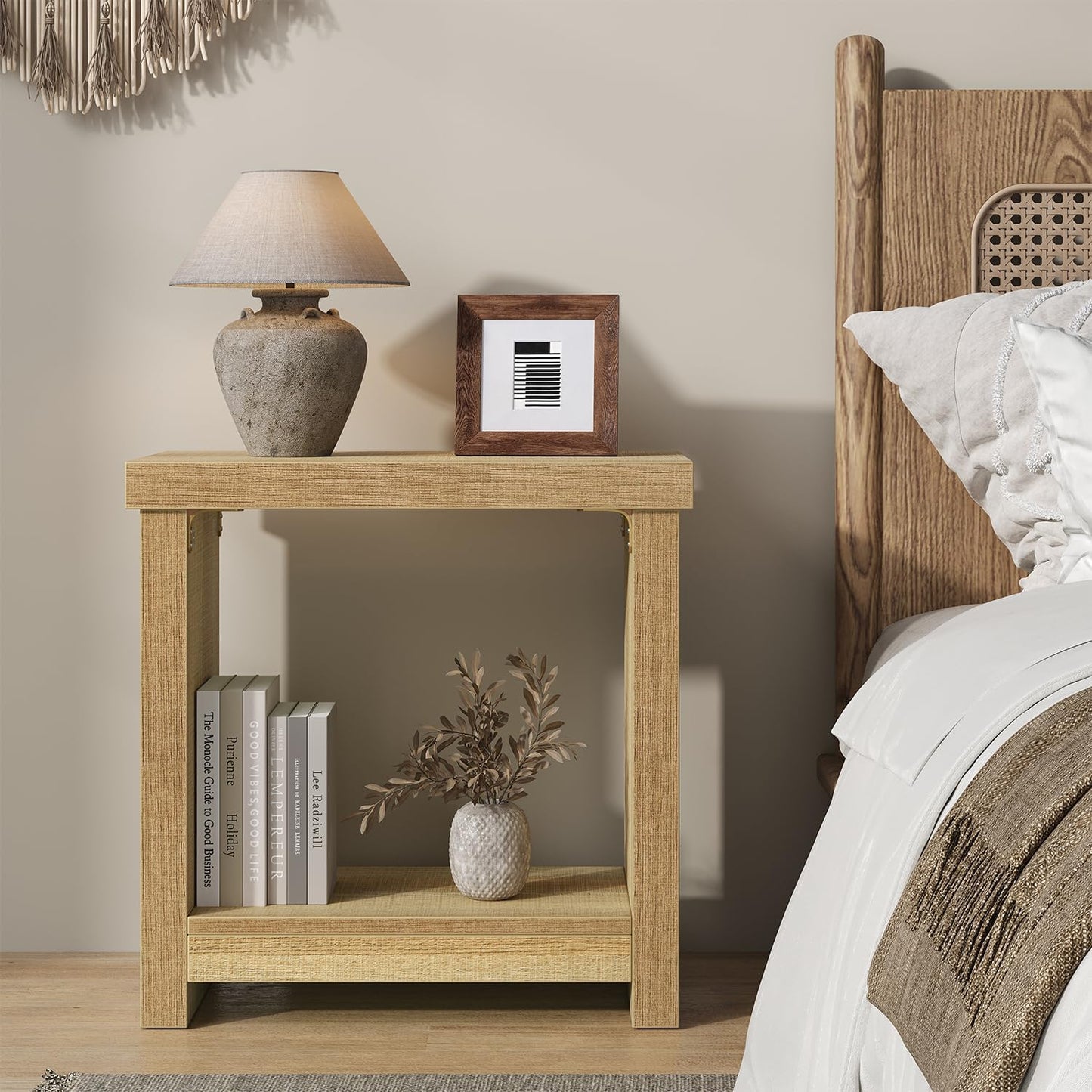 End Tables Set of 2 for Living Room, Narrow Side Tables with Storage Shelves, Square End Table for Bedroom, Slim Nightstand, Skinny Rectangle Accent Table, Farmhouse Bedside Table, Natural (2 Pieces)