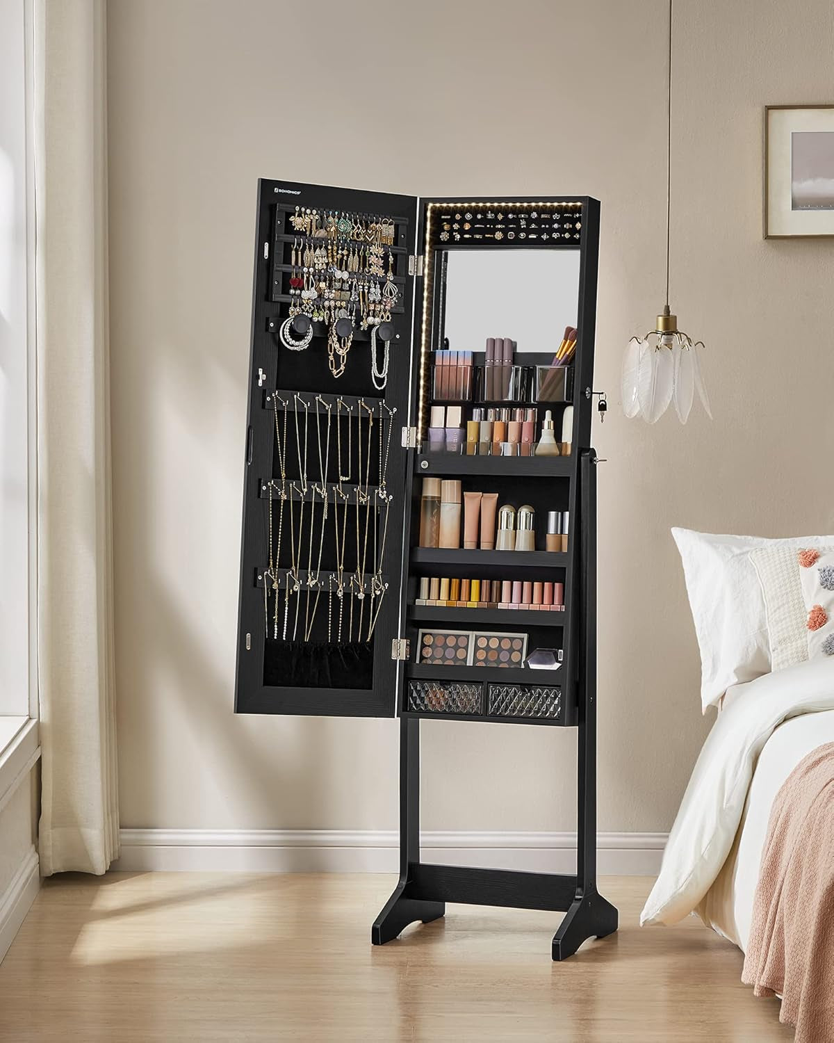 Mirror Jewelry Cabinet Standing Armoire Organizer, Jewelry Storage with Full-Length Frameless LED Lights, Built-In Makeup Mirror, 2 Drawers, Lockable, Black UJJC023B01