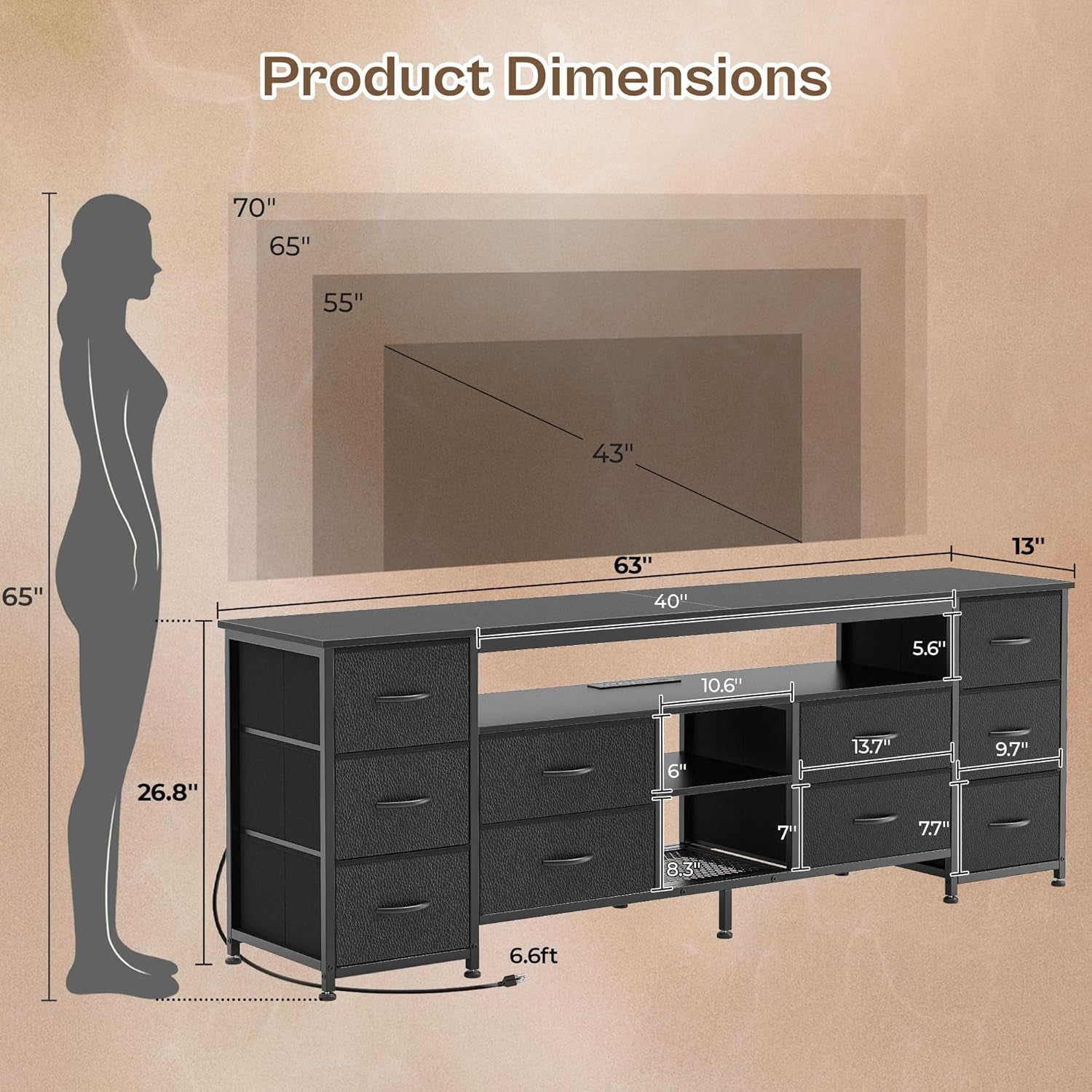 63 Inch LED TV Stand Dresser with Power Outlets, USB-C Port and LED Lights, 10 Fabric Drawer Dresser for Bedroom, Long Entertainment Center for 65, 70 Inch TV, Open Shelves, PU Leather, Black