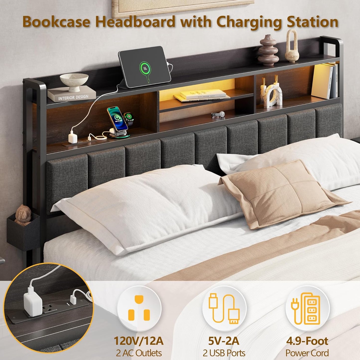 Queen Bed Frame with Storage Drawers, Upholstered Headboard with LED Light & Charging Station, Metal Platform Bed Frame Queen Size, Noise Free, No Box Spring Needed, Black (1200 Lbs Capacity)