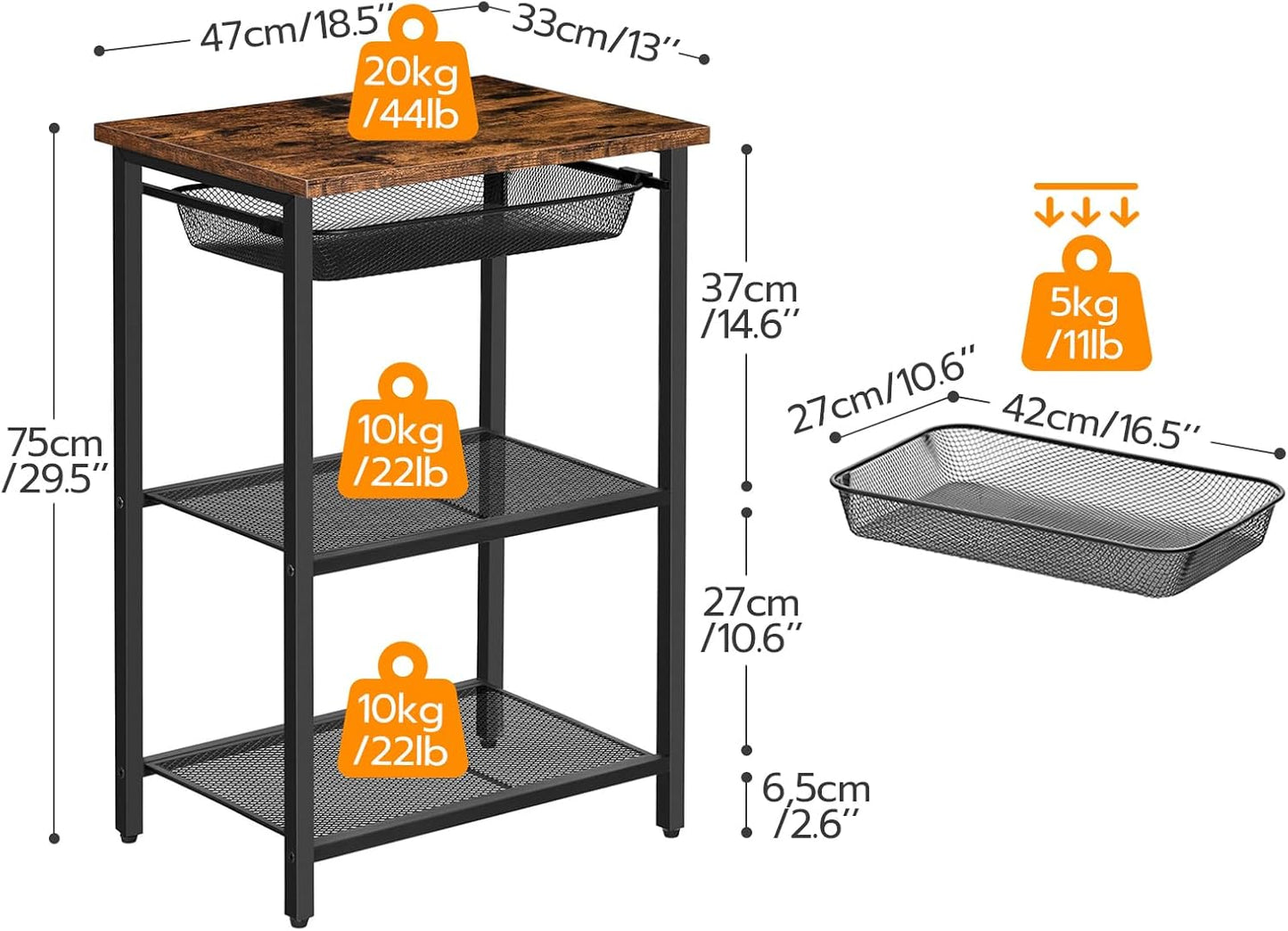 Small Side Table, Industrial Tall End Table with Adjustable Metal Mesh Basket, Telephone Table with Storage Shelf for Living Room, Bedroom, Hallway, Easy Assembly, Rustic Brown BF02DH01