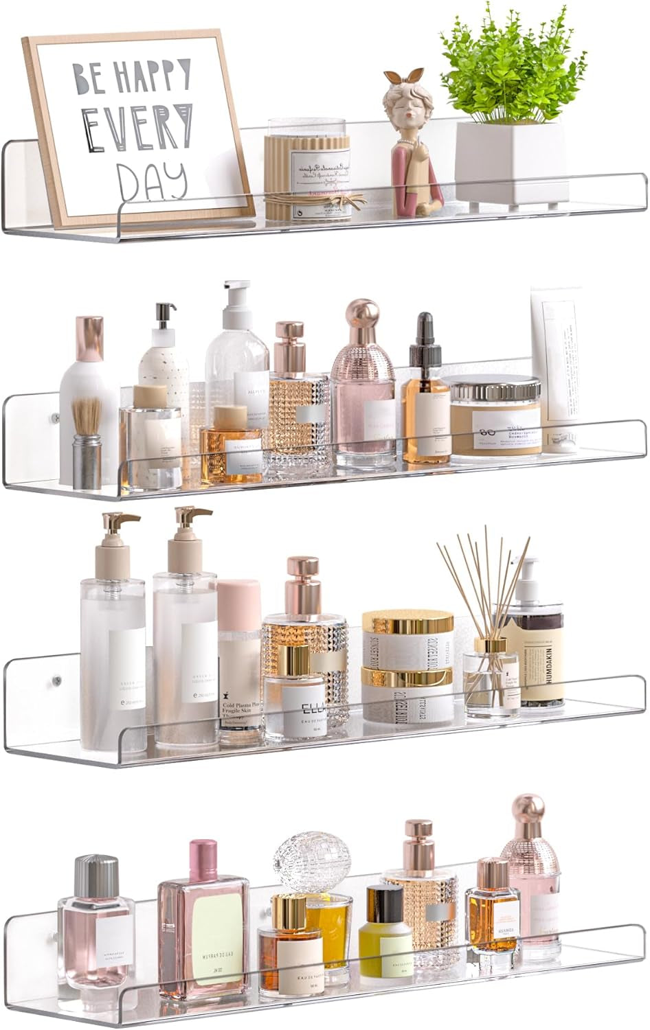 Acrylic Shelves for Bathroom Storage, 15" Floating Shelves Wall Organizer for Perfume, Make Up, Skincare, Kids Bookshelf for Bedroom, Nursery, Living Room Decor, Clear, 4 Pack