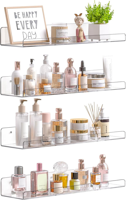 Acrylic Shelves for Bathroom Storage, 15" Floating Shelves Wall Organizer for Perfume, Make Up, Skincare, Kids Bookshelf for Bedroom, Nursery, Living Room Decor, Clear, 4 Pack