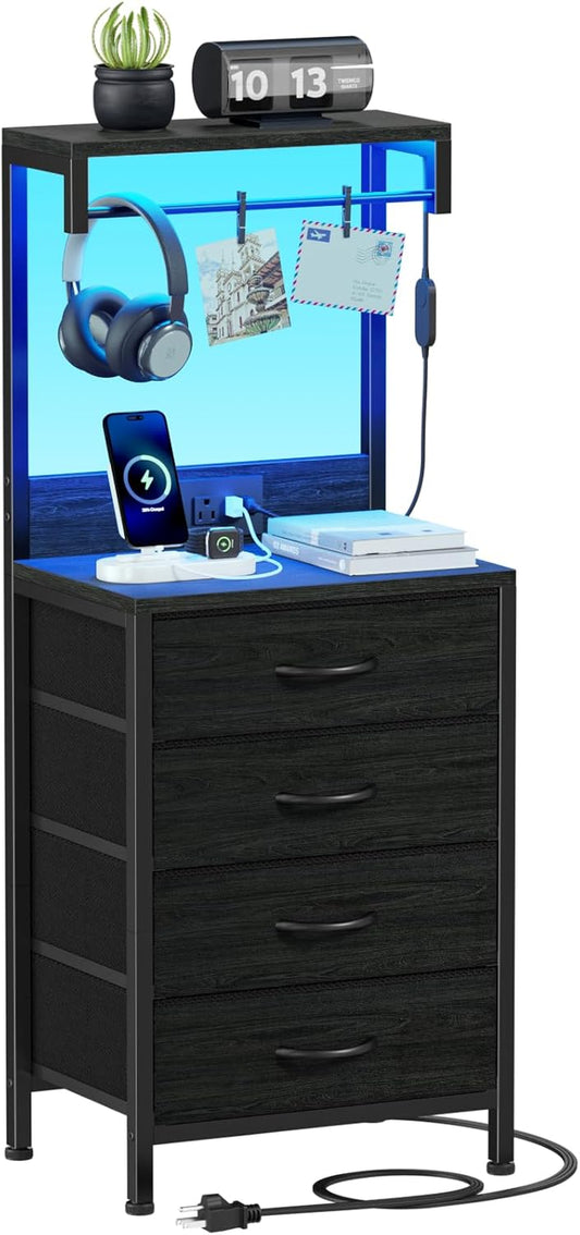 Tall Nightstand with Charging Station, Night Stands with LED Lights and Storage Shelves, Bed Side Table for Bedroom, Hallway, Office, 4 Fabric Drawers (Black Oak)