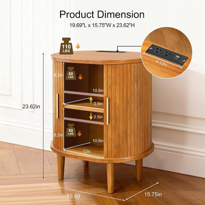 Mid Century Modern Nightstand with Charging Station, Fluted Accent Side Table with Sliding Door & Adjustable Shelf, End Table for Small Space, Living Room, Bedroom,Sofa Couch(1, Yellow)