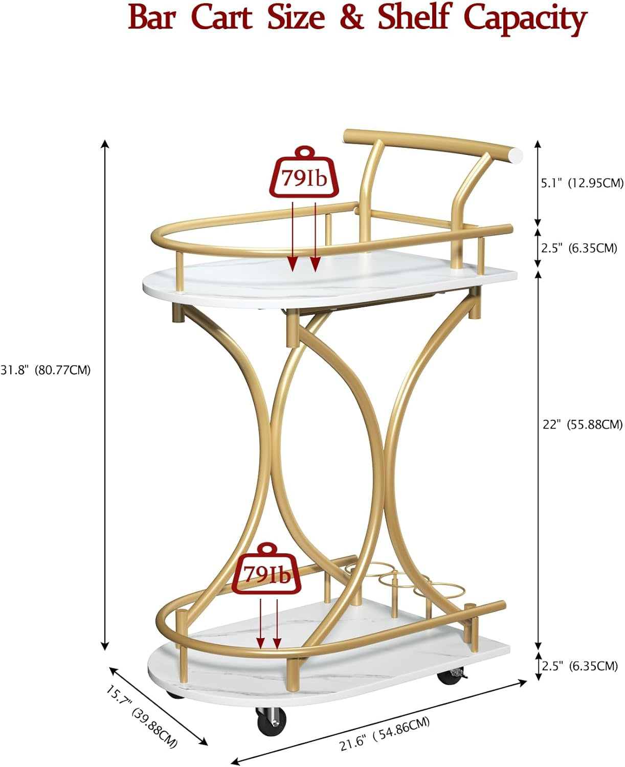 Bar Cart with Wheels Handle Rolling Home Bar Serving Carts 2 Tier Curved Anti-Collision Storage Small Trolley with Wine Rack and Glass Holder for Kitchen Dining Room Living Room Gold