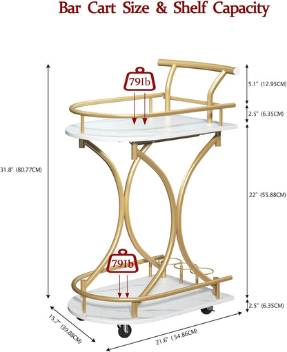 Bar Cart with Wheels Handle Rolling Home Bar Serving Carts 2 Tier Curved Anti-Collision Storage Small Trolley with Wine Rack and Glass Holder for Kitchen Dining Room Living Room Gold