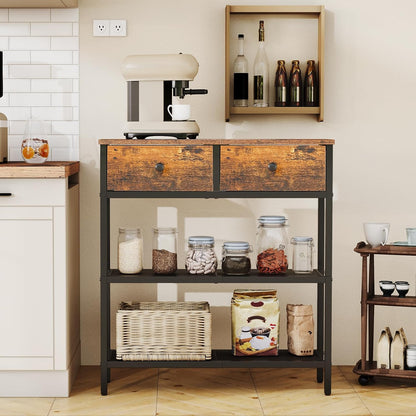 29.5" Narrow Console Table with 2 Fabric Drawers, Sofa Table, Small Entryway Table with 3-Tier Storage Shelves, behind Couch Table, for Living Room, Hallway, Rustic Brown and Black BF72XG01