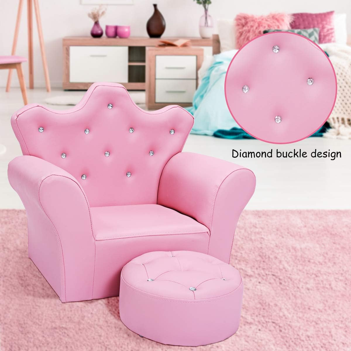 Kids Sofa, Children Upholstered Sofa with Ottoman, Princess Sofa with Diamond Decoration, Ottoman, Smooth PVC Leather Toddler Chair, Kids Pink Couch for Preschool Boys and Girls Gift (Pink)