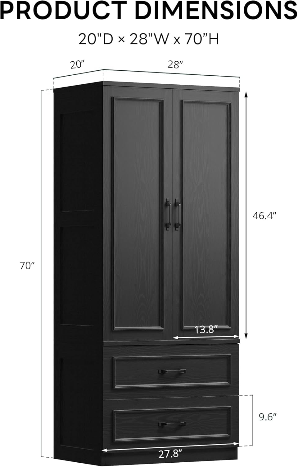Armoire Wardrobe Closet with 2 Doors and 2 Drawers 70" H X 28" W Wooden Bedroom Freestanding Wardrobe Combination for Hanging Clothes, Black
