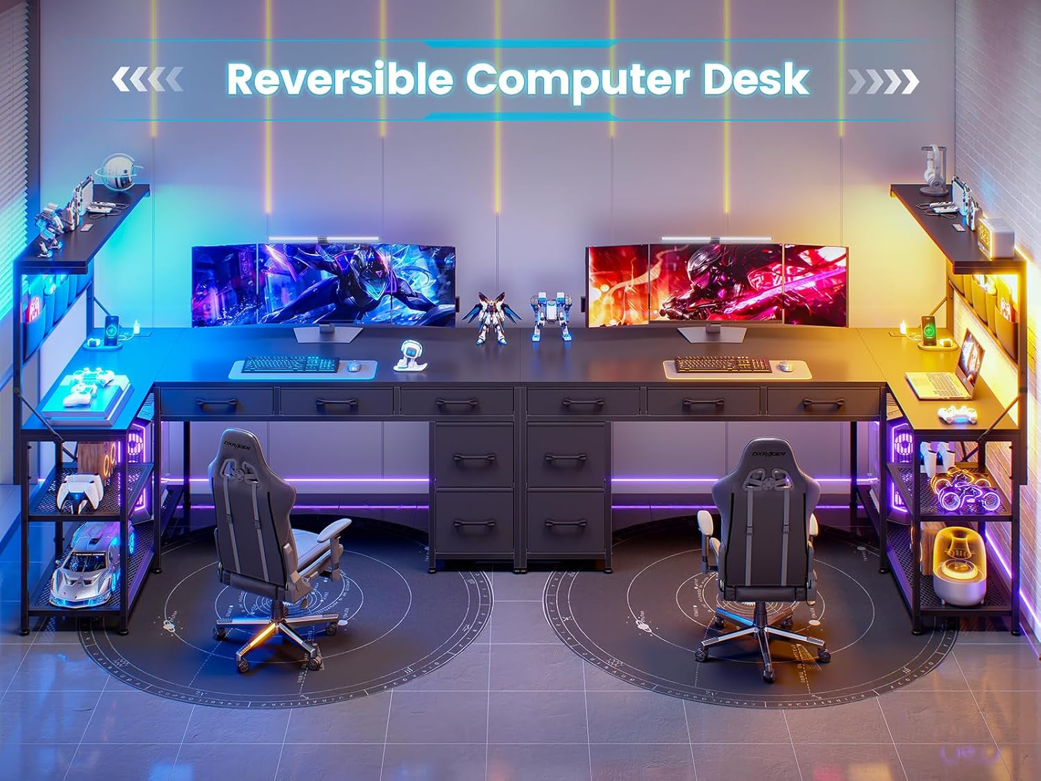 L Shaped Gaming Desk, 47.2" Reversible Small Computer Desk with 5 Drawers and Storage Shelves, Corner Gaming Desk with LED Lights and Power Outlet, Black