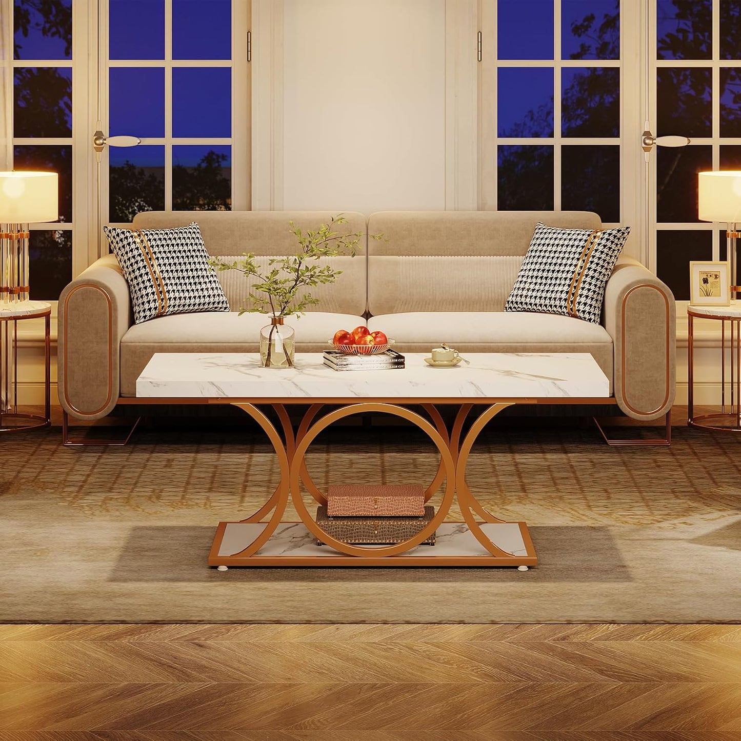 Rectangle Coffee Table, 46.45-Inch Modern Coffee Tables for Living Room, 2-Tier Faux Marble Wood Coffee Table with Geometric Legs, Furniture with Storage Shelf (White & Gold)