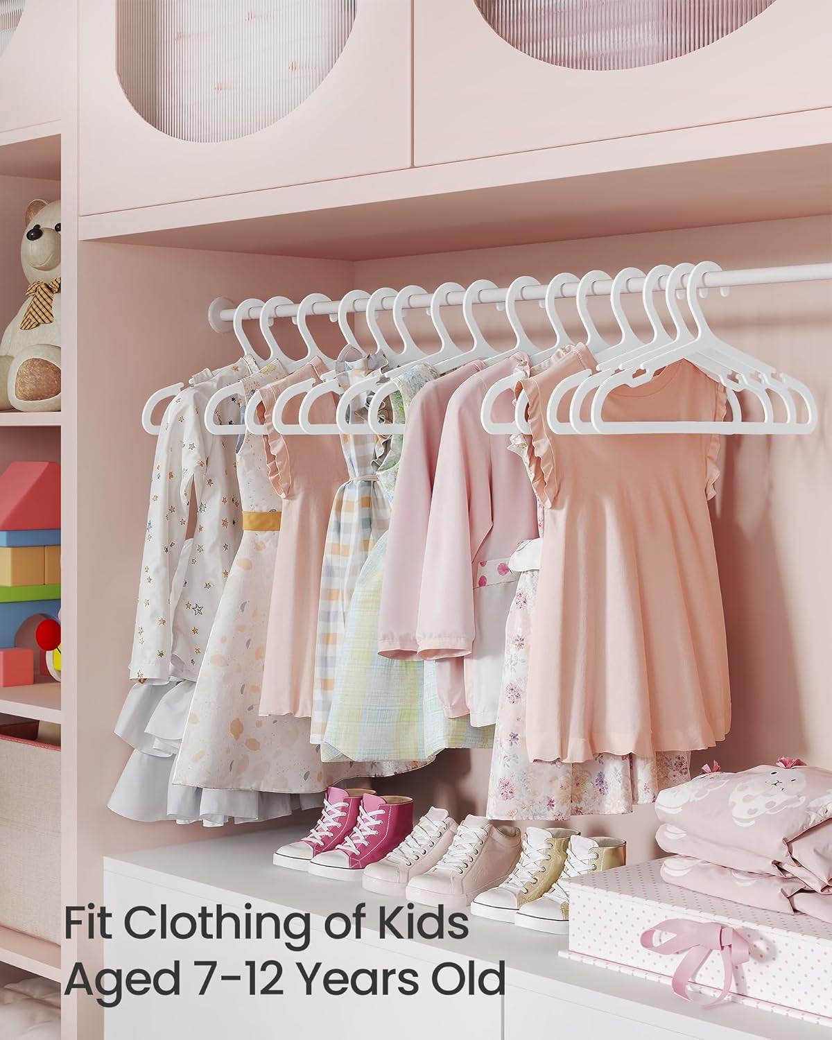 Kids Hangers 100 Pack, Plastic Baby Hangers for Closet, 14 X 7 Inches, for Children Aged 7-12 Years, Space-Saving, Non-Slip, Cloud White UCRP190W01