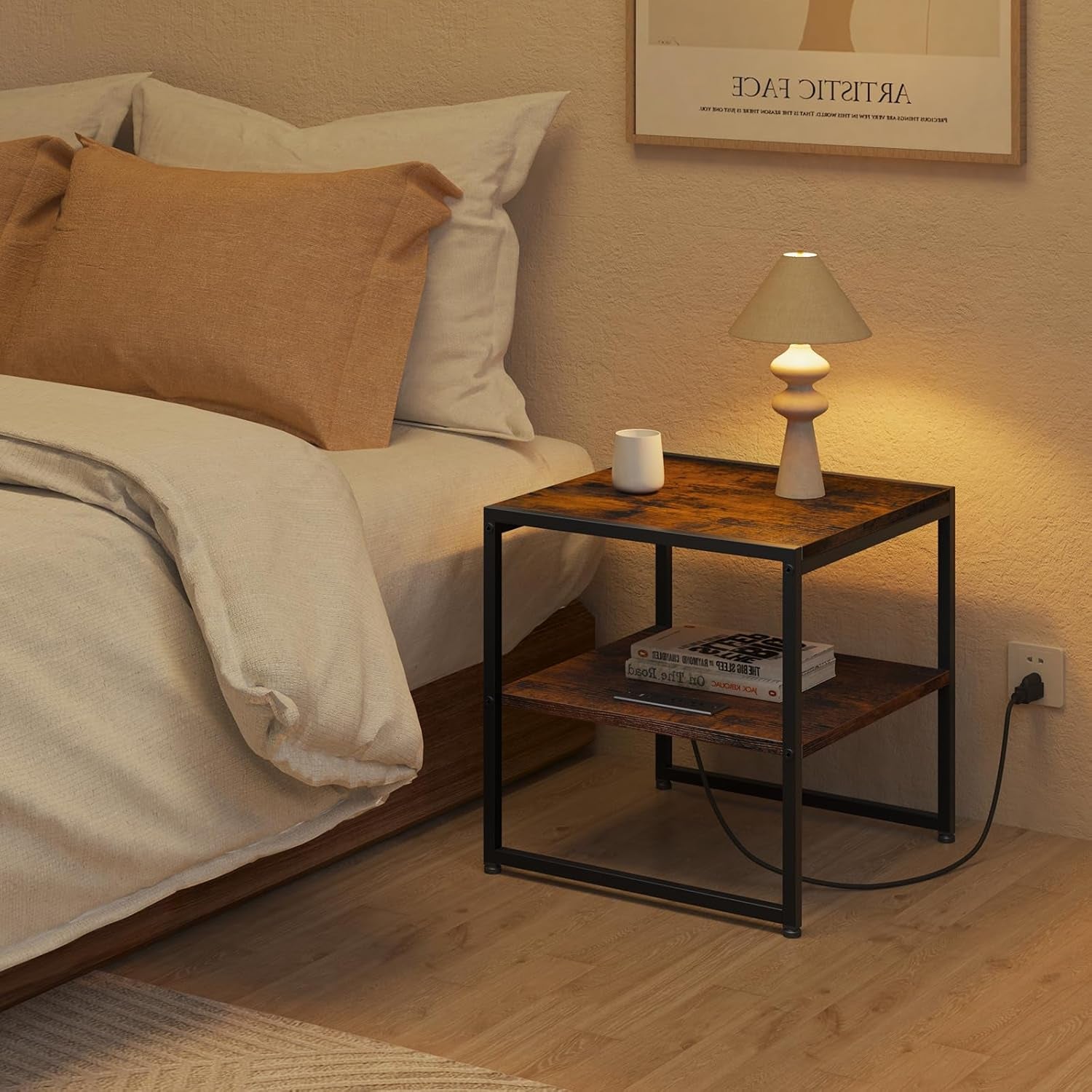 20" End Table with Charging Station, Industrial Square Side Table with USB Ports & Outlets, Versatile 2-Tier Small Nightstand for Bedroom Living Room, Rustic Brown