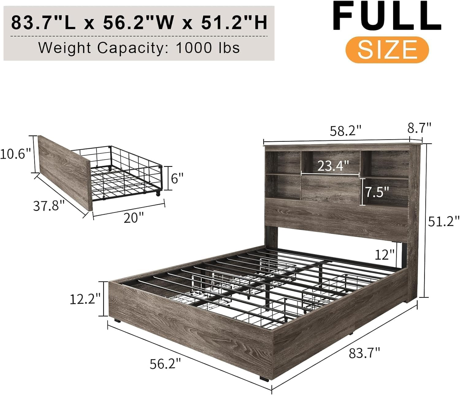 2-Piece Bedroom Set, Farmhouse Full Size Bed Frame and 5 Drawers Dresser, Wooden Storage Bed with Charging Station & 4 Drawers, Tall Dressers Organizer with Metal Handles for Bedroom, Grey