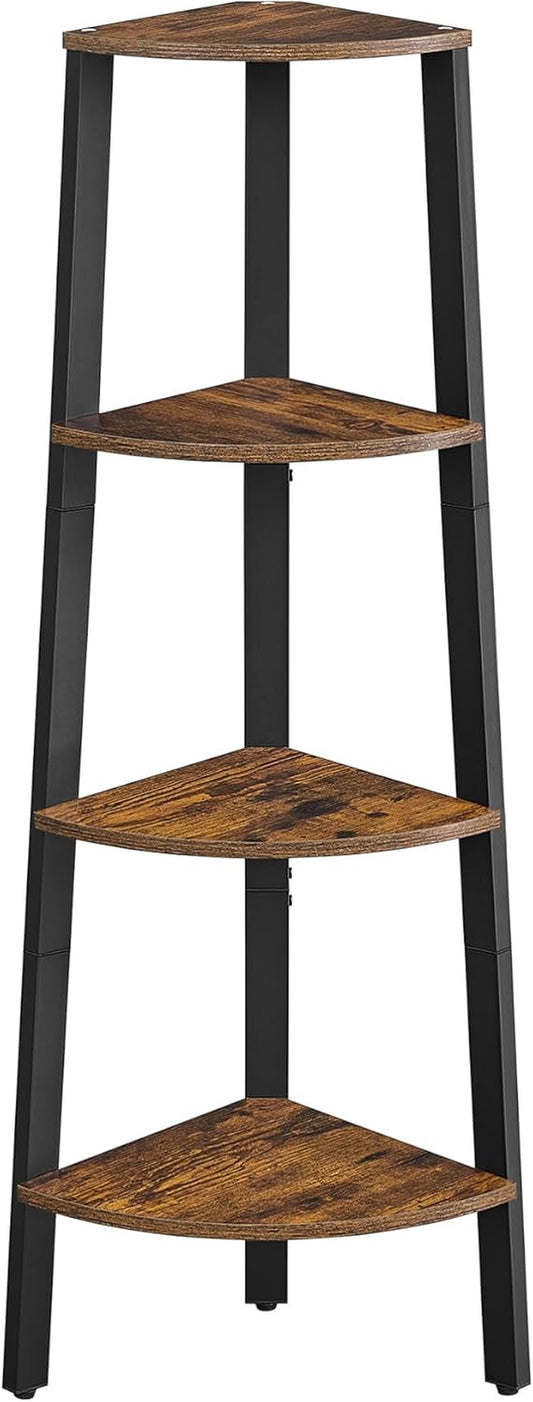 Corner Shelf Stand, 4-Tier Corner Bookshelf, Industrial Ladder Shelf, Plant Stand for Living Room, Office, Kitchen, Rustic Brown and Black ULLS34X