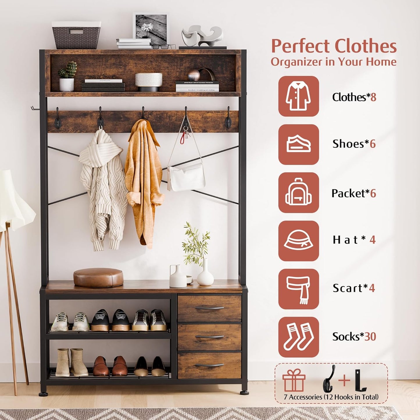 Hall Tree with Bench and Shoe Storage, 31.5" Coat Rack Freestanding with 2-Tier Storage Shelf, 6-In-1 Entryway Bench Coat Rack with 12 Hooks and 3 Drawers(Rustic Brown)