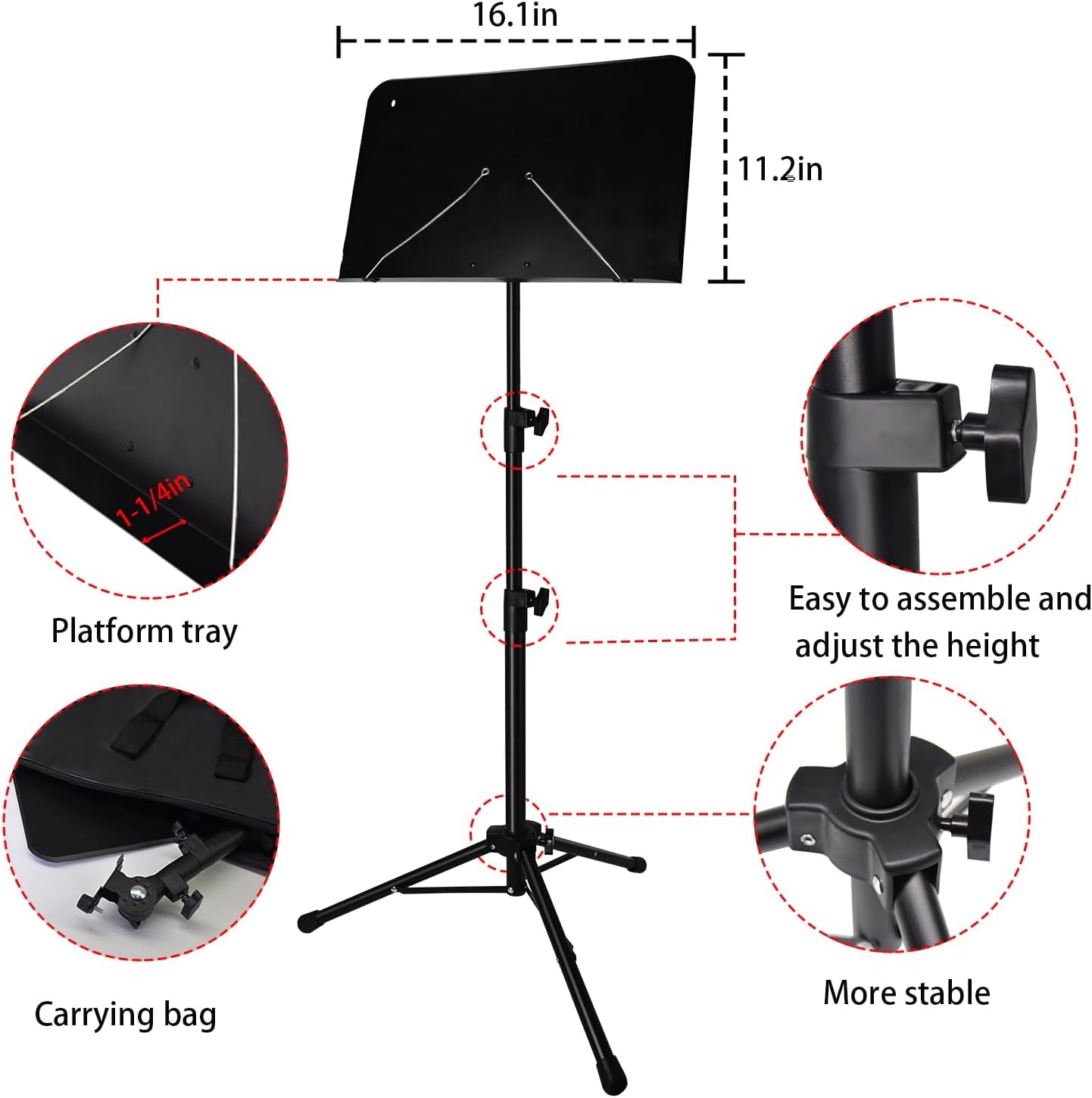 Sheet Music Stand with Light and Phone Holder, 57" Portable Music Stand for Sheet Music High Stability, Height Adjustable Music Stands with Carrying Bag(33-57Inch, Plate without Hole)