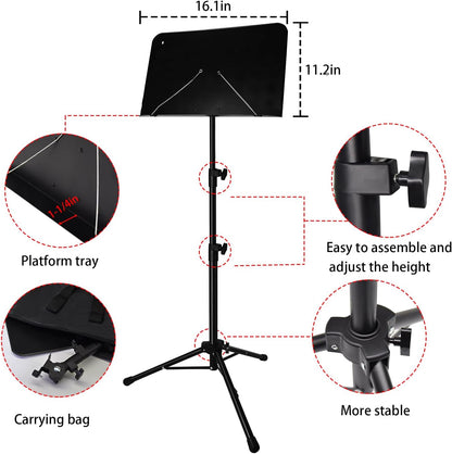 Sheet Music Stand with Light and Phone Holder, 57" Portable Music Stand for Sheet Music High Stability, Height Adjustable Music Stands with Carrying Bag(33-57Inch, Plate without Hole)